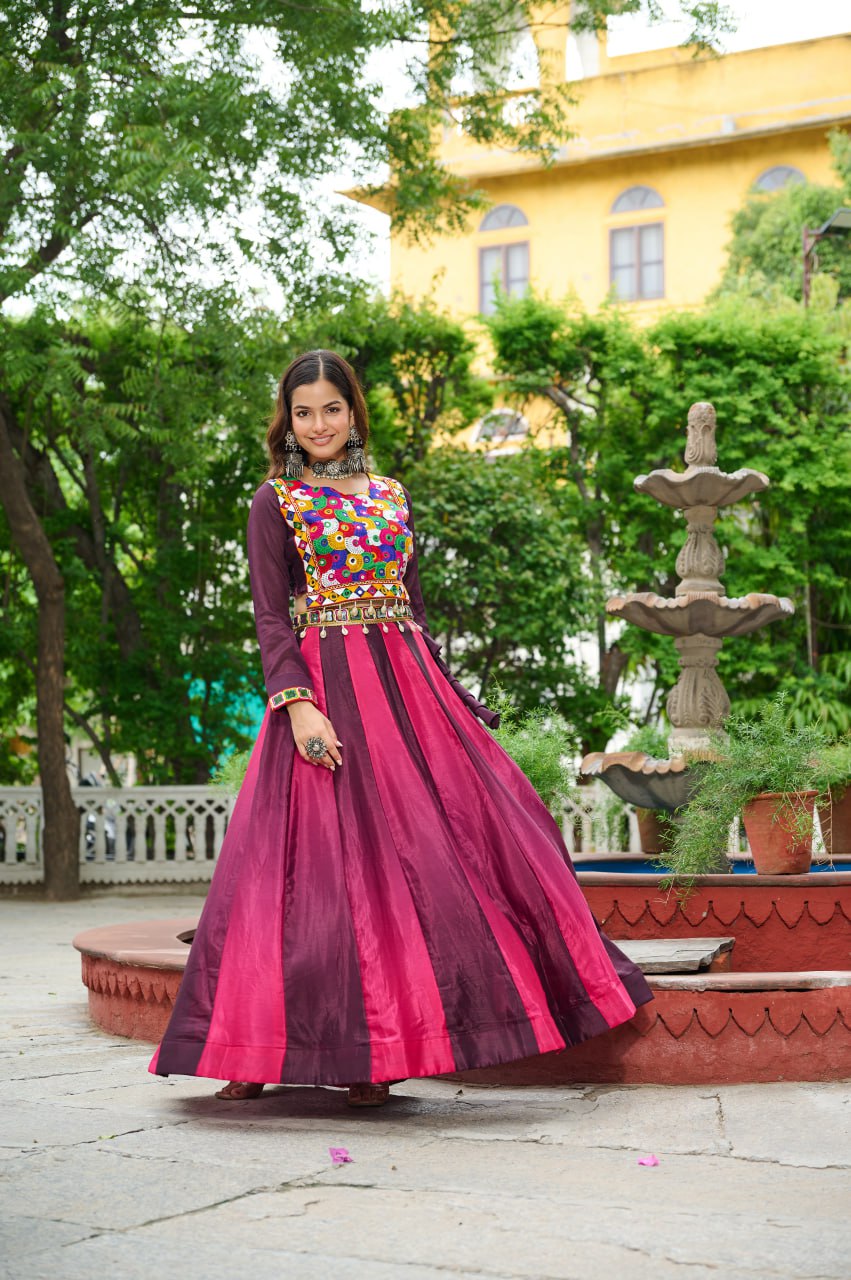 Wine Navratri Special Chinnon Pedding Lehenga Choli with Kutchi Gamthi Embroidery
