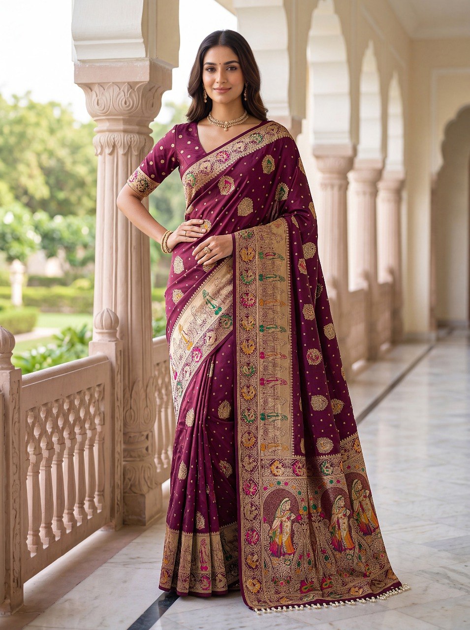 Wine Nylon Satin Zari Weaving Saree