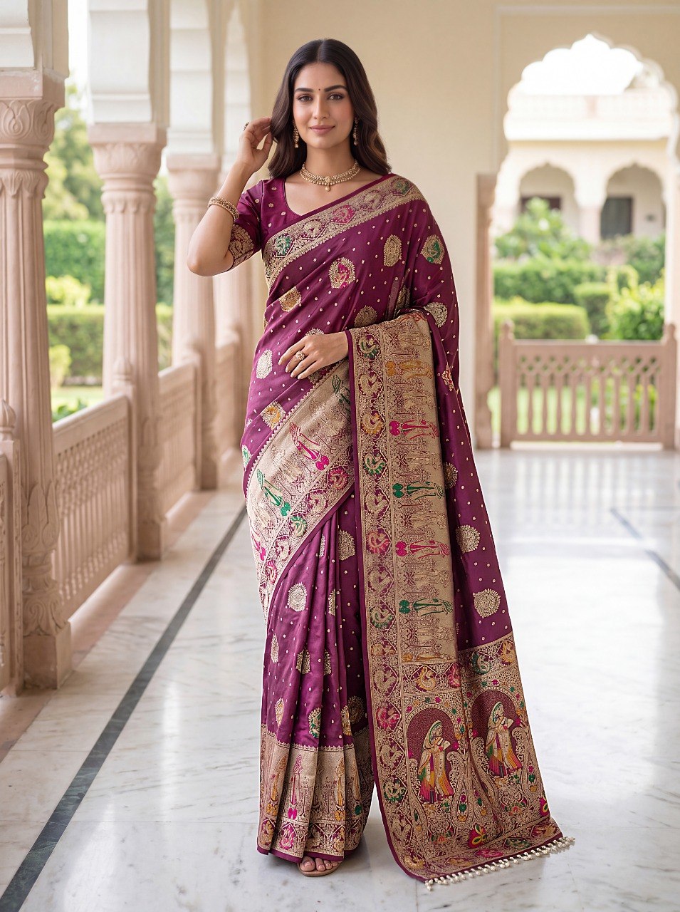 Wine Nylon Satin Zari Weaving Saree