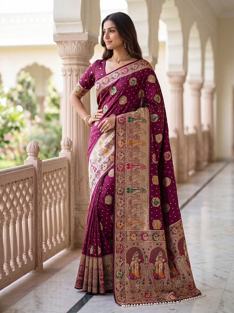 Wine Nylon Satin Zari Weaving Saree