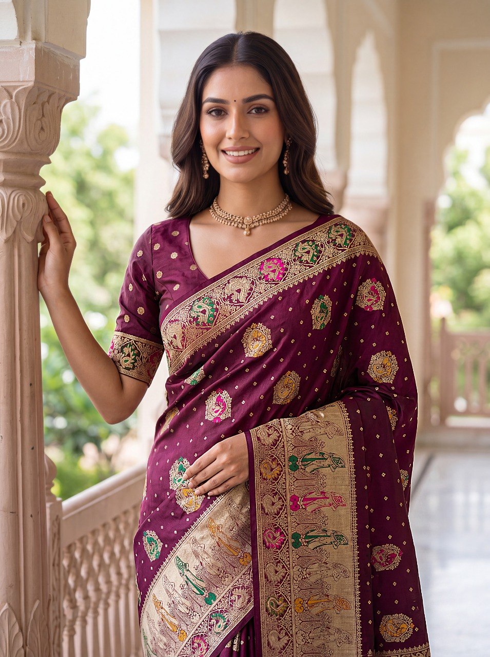 Wine Nylon Satin Zari Weaving Saree