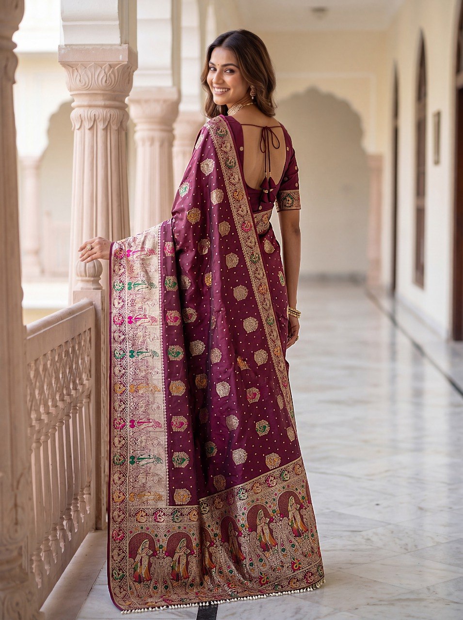 Wine Nylon Satin Zari Weaving Saree