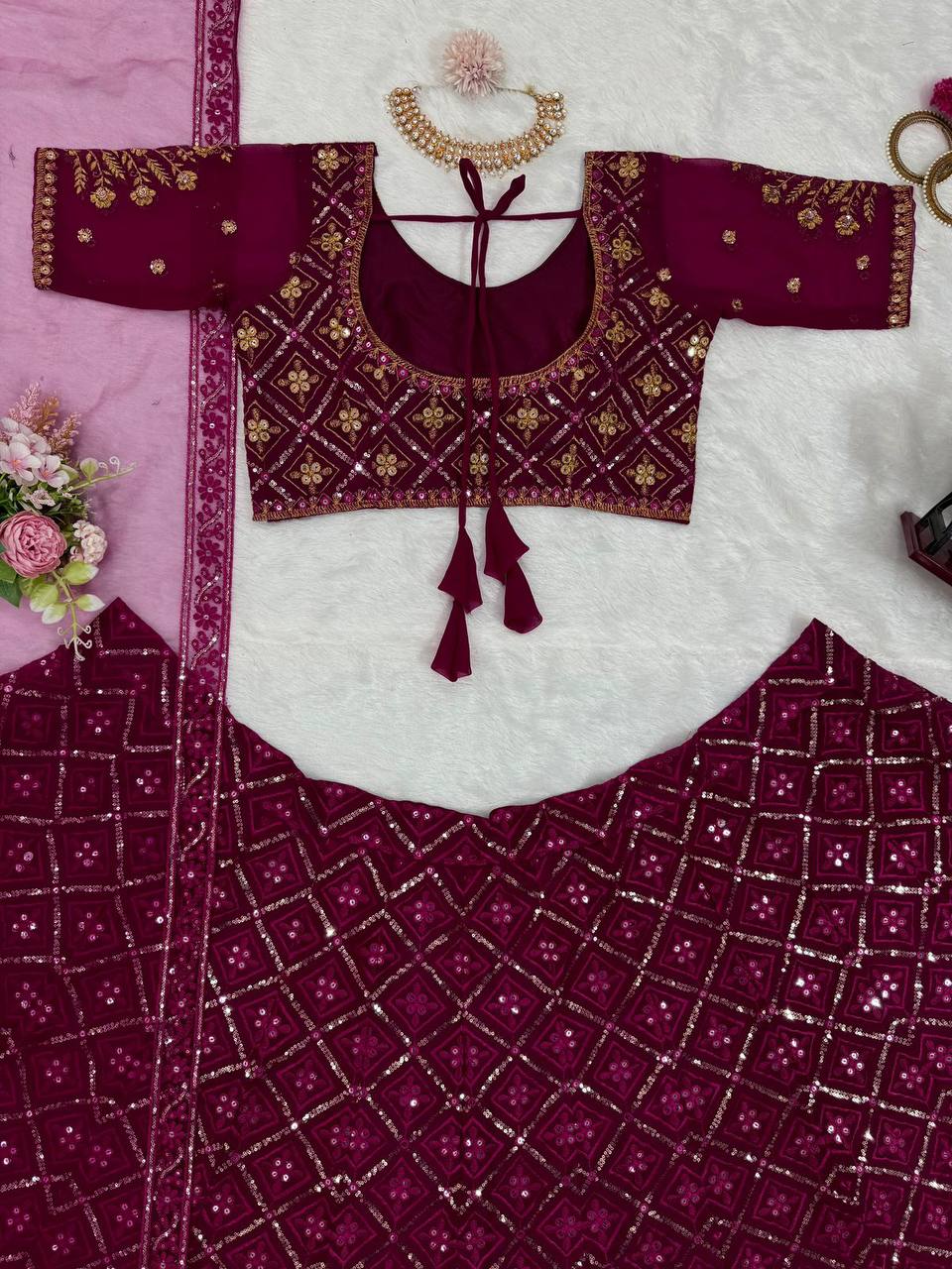 Wine Premium Faux Georgette Embroidered Lehenga Choli Set with Sequin & Butterfly Net Dupatta