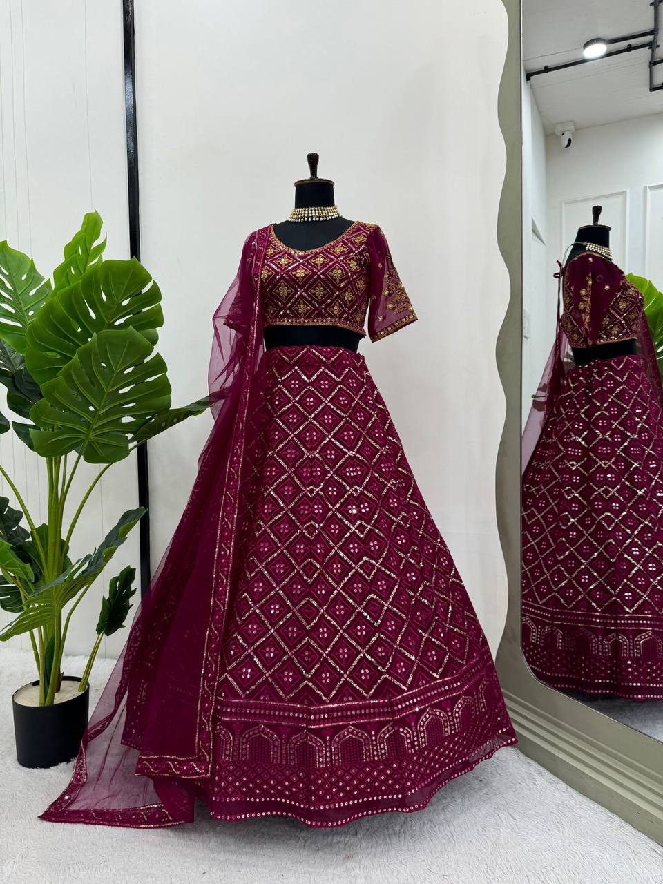 Wine Premium Faux Georgette Embroidered Lehenga Choli Set with Sequin & Butterfly Net Dupatta