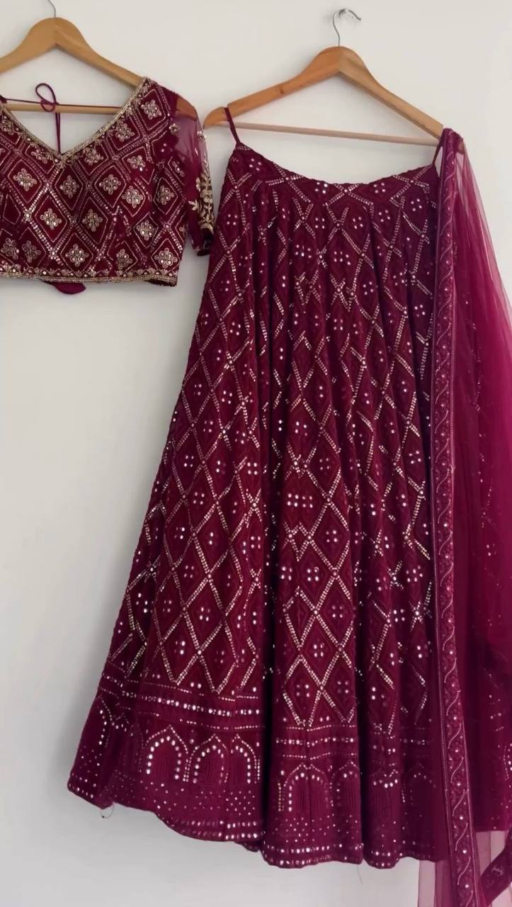 Wine Premium Faux Georgette Embroidered Lehenga Choli Set with Sequin & Butterfly Net Dupatta