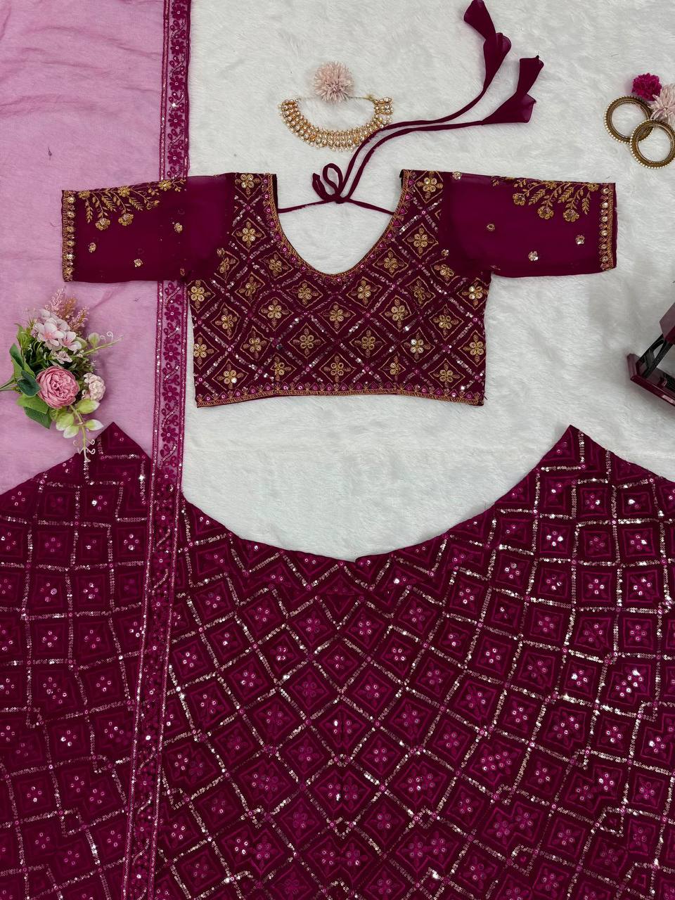 Wine Premium Faux Georgette Embroidered Lehenga Choli Set with Sequin & Butterfly Net Dupatta