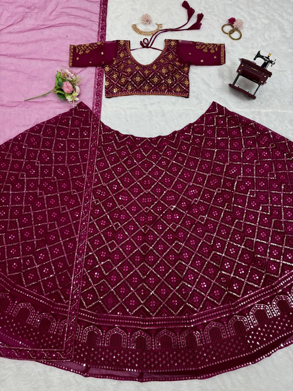 Wine Premium Faux Georgette Embroidered Lehenga Choli Set with Sequin & Butterfly Net Dupatta