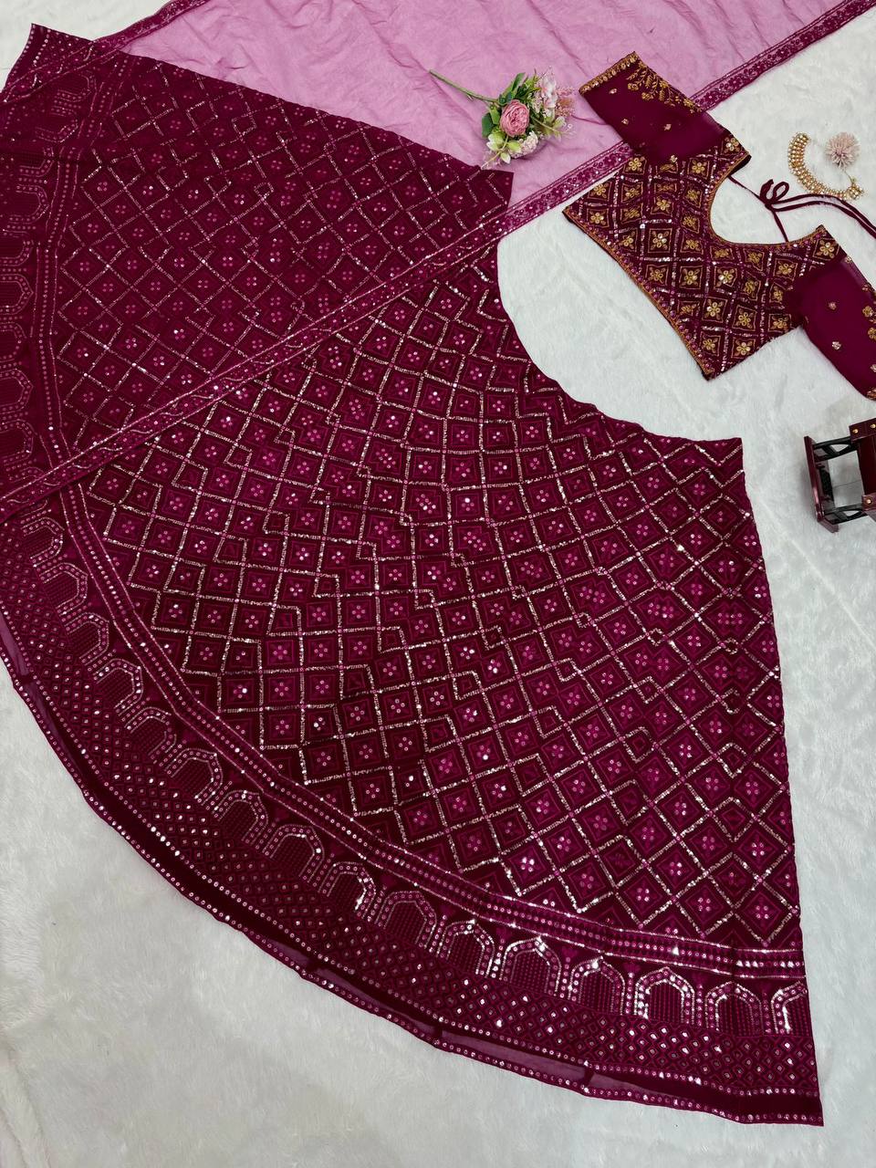 Wine Premium Faux Georgette Embroidered Lehenga Choli Set with Sequin & Butterfly Net Dupatta
