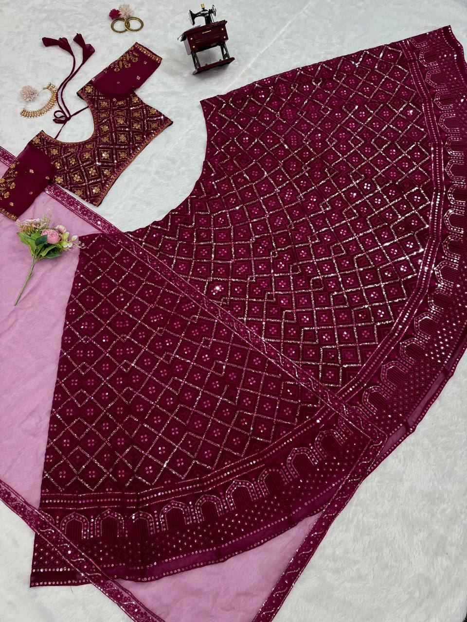 Wine Premium Faux Georgette Embroidered Lehenga Choli Set with Sequin & Butterfly Net Dupatta