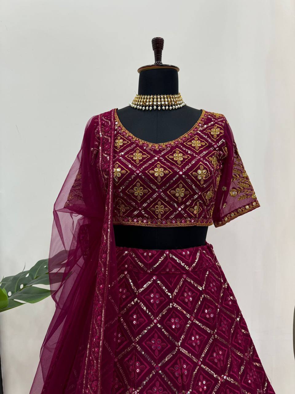 Wine Premium Faux Georgette Embroidered Lehenga Choli Set with Sequin & Butterfly Net Dupatta