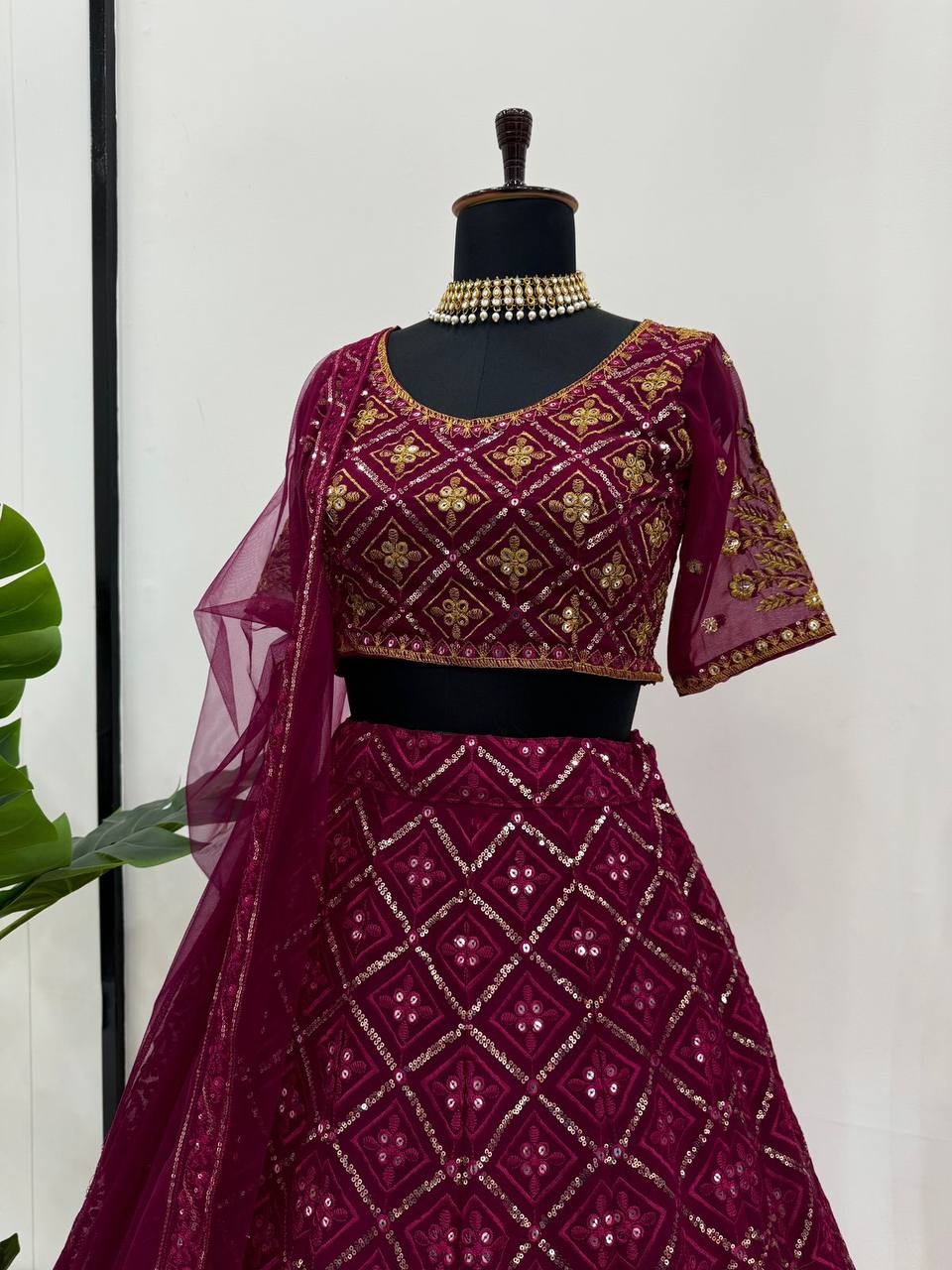 Wine Premium Faux Georgette Embroidered Lehenga Choli Set with Sequin & Butterfly Net Dupatta