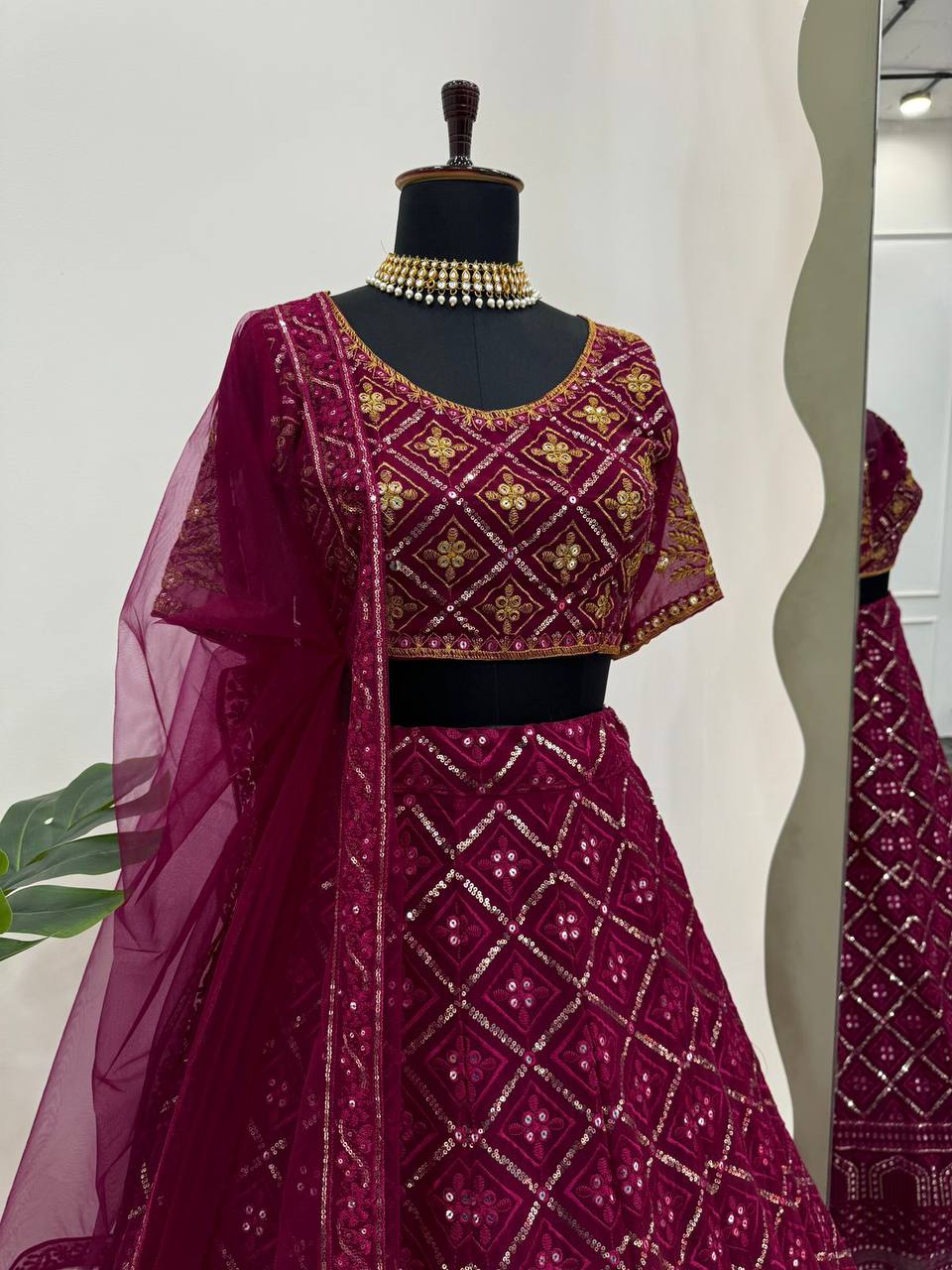Wine Premium Faux Georgette Embroidered Lehenga Choli Set with Sequin & Butterfly Net Dupatta
