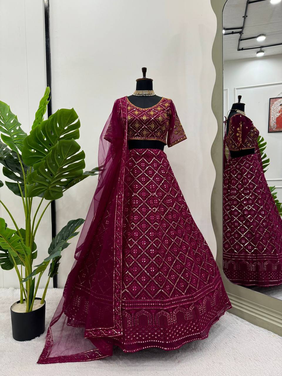 Wine Premium Faux Georgette Embroidered Lehenga Choli Set with Sequin & Butterfly Net Dupatta
