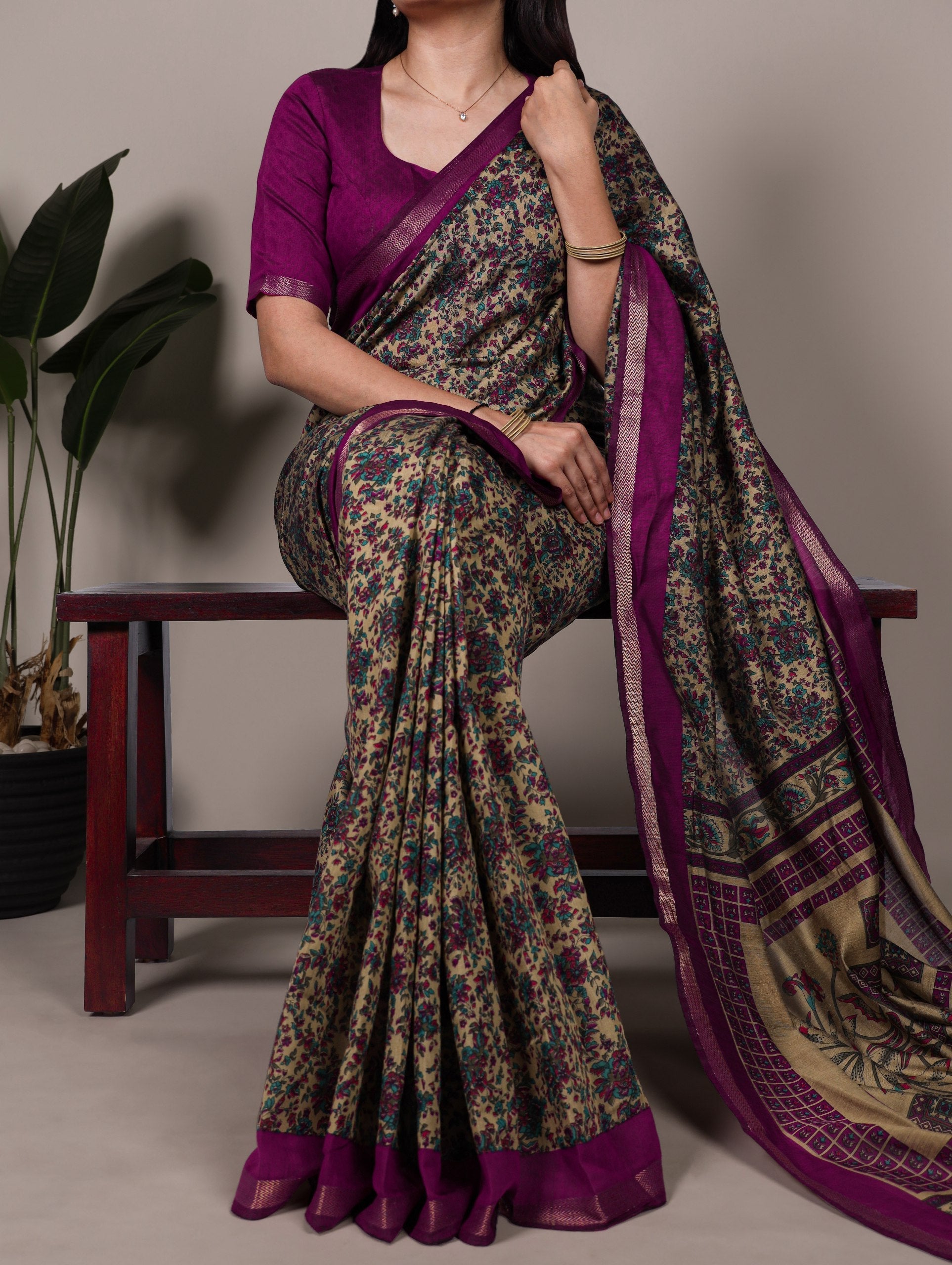 Wine Printed Chanderi Polyester Viscose Saree with Zari Weaving Work & Unstitched Blouse — Festive & Traditional Party Wear Saree for Women