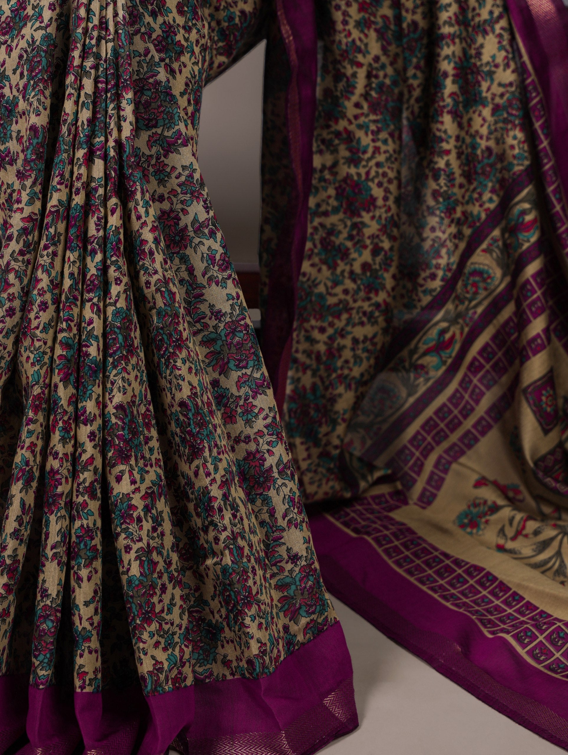 Wine Printed Chanderi Polyester Viscose Saree with Zari Weaving Work & Unstitched Blouse — Festive & Traditional Party Wear Saree for Women