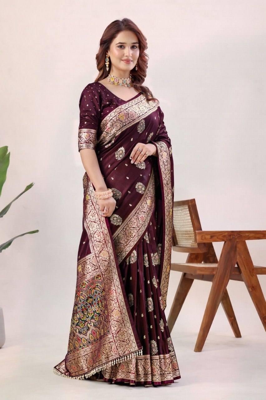 Wine Pure Nylon Satin Saree
