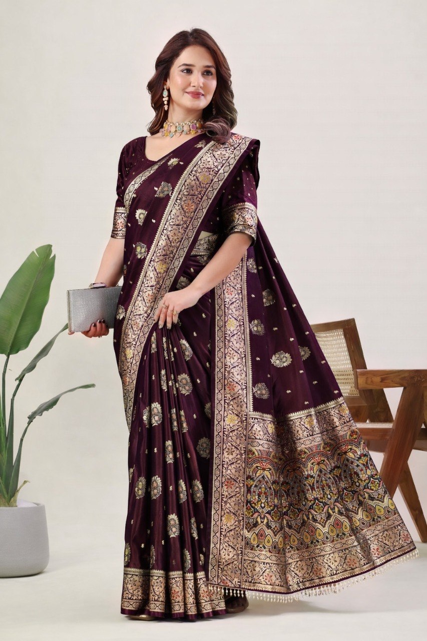 Wine Pure Nylon Satin Saree