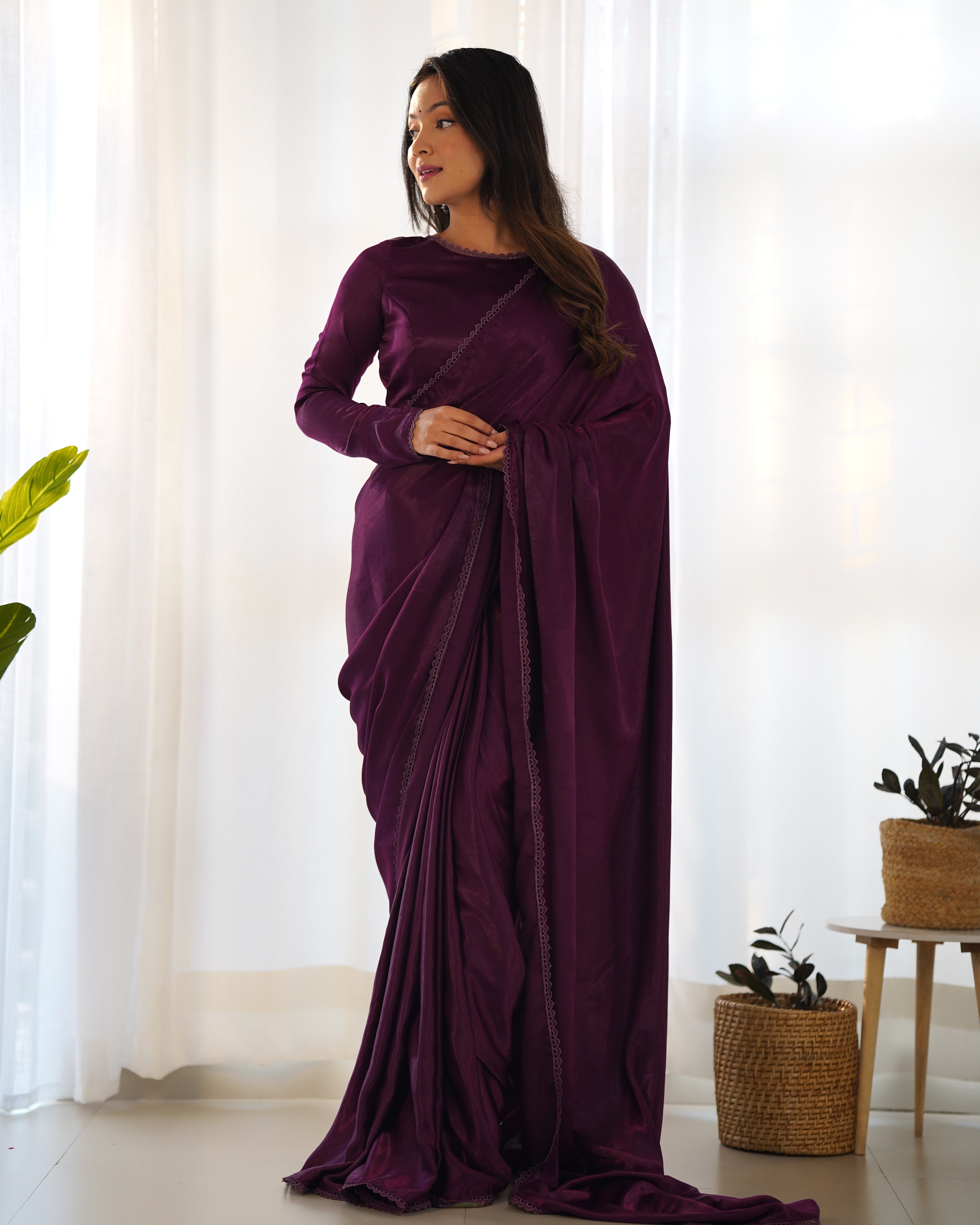 Wine Ready-to-Wear Premium Marble Velvet Saree with Full-Stitched Blouse