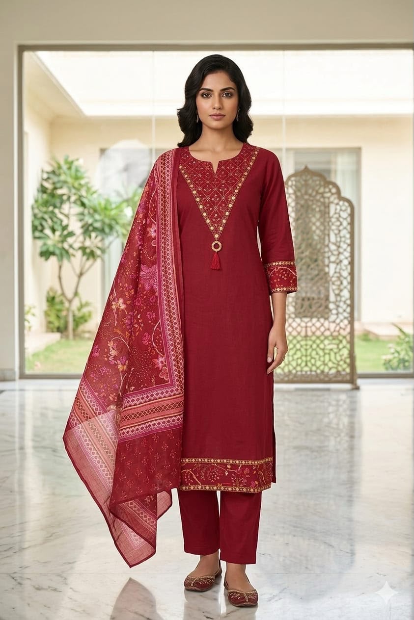 Wine Red Cotton 60×60 Suit Set with Embroidery, Mirror Work & Malmal Dupatta