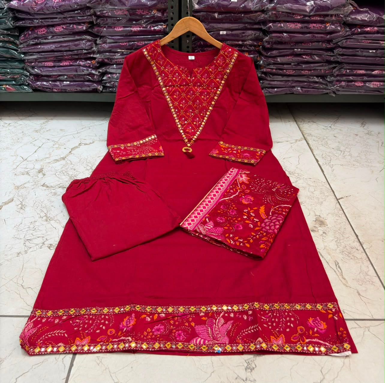Wine Red Cotton 60×60 Suit Set with Embroidery, Mirror Work & Malmal Dupatta