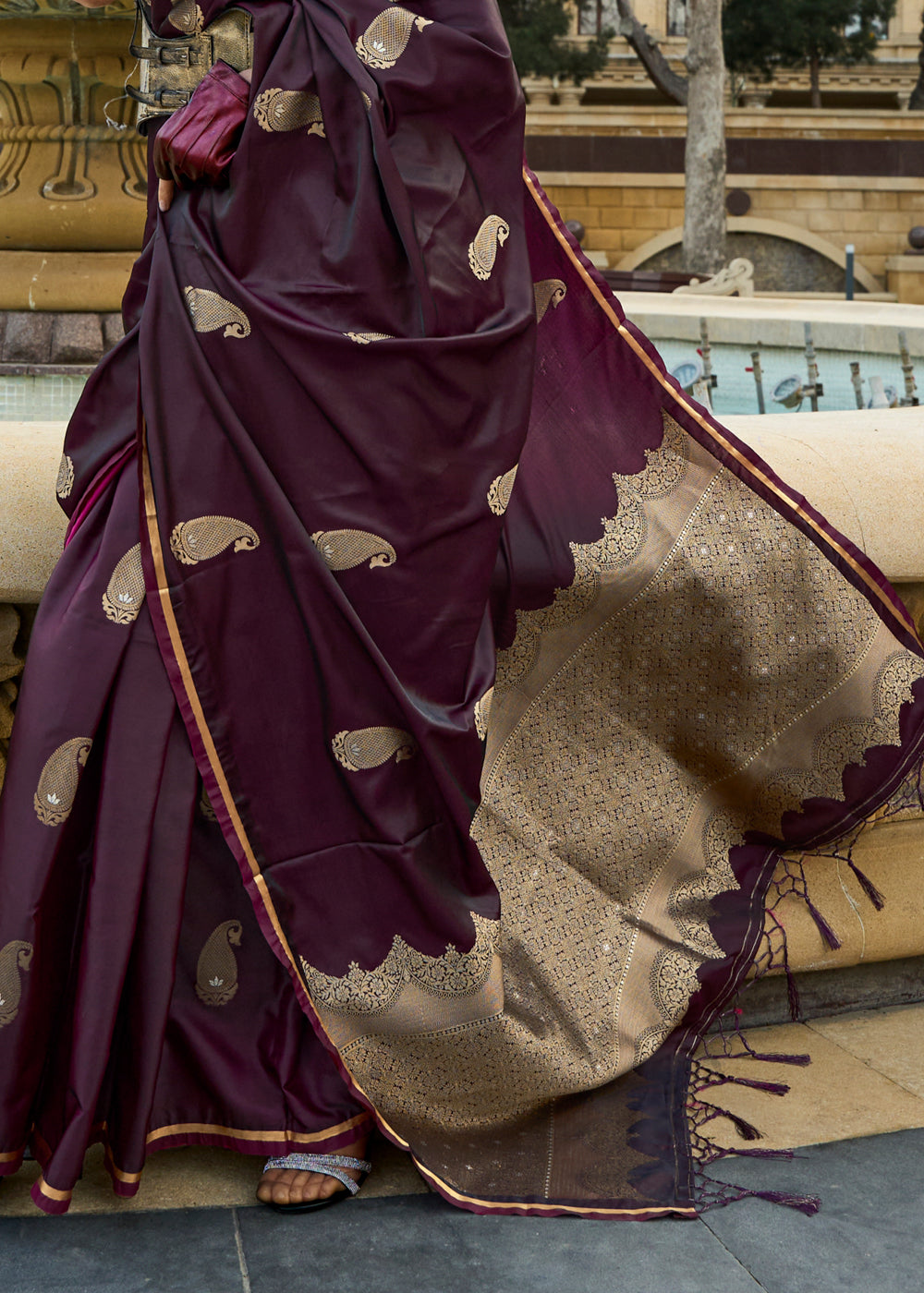 Wine Regal Banarasi Satin Silk Saree – Timeless Elegance