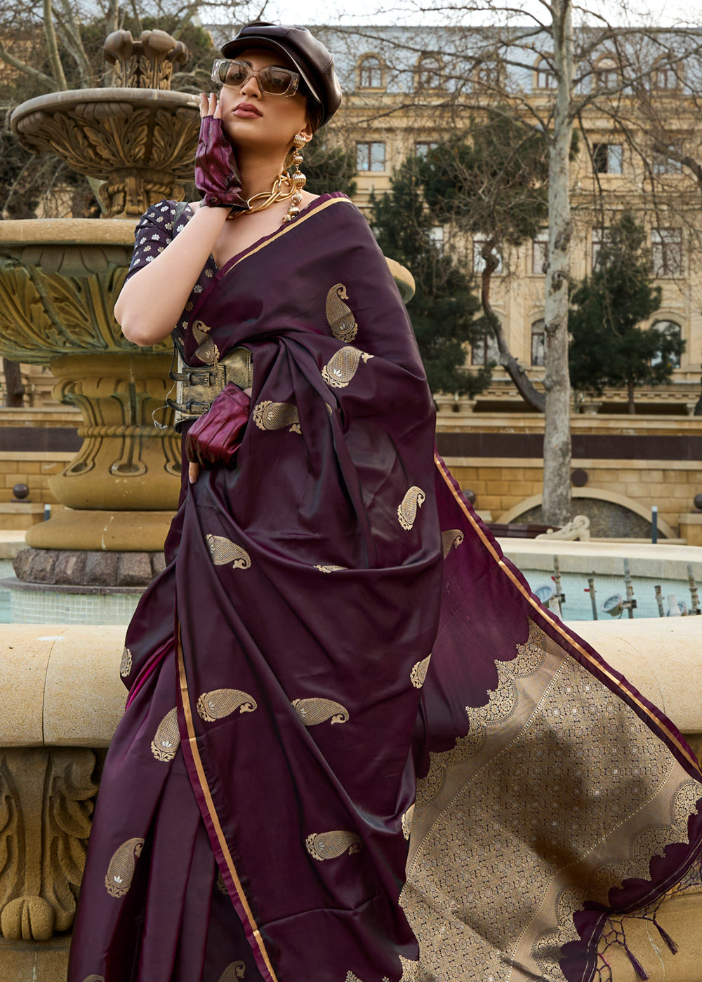 Wine Regal Banarasi Satin Silk Saree – Timeless Elegance