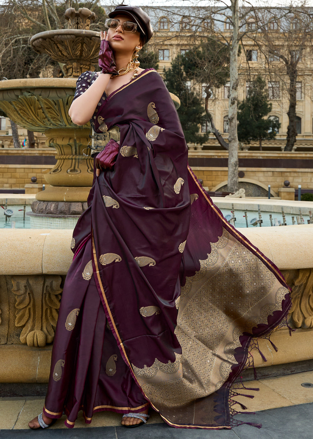 Wine Regal Banarasi Satin Silk Saree – Timeless Elegance