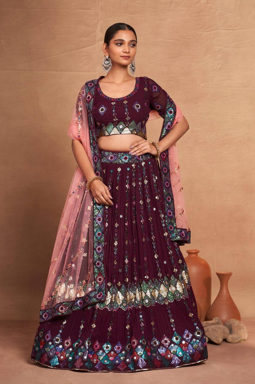 Wine Regal Embroidered Georgette Lehenga Set – A Perfect Blend of Grace & Glamour