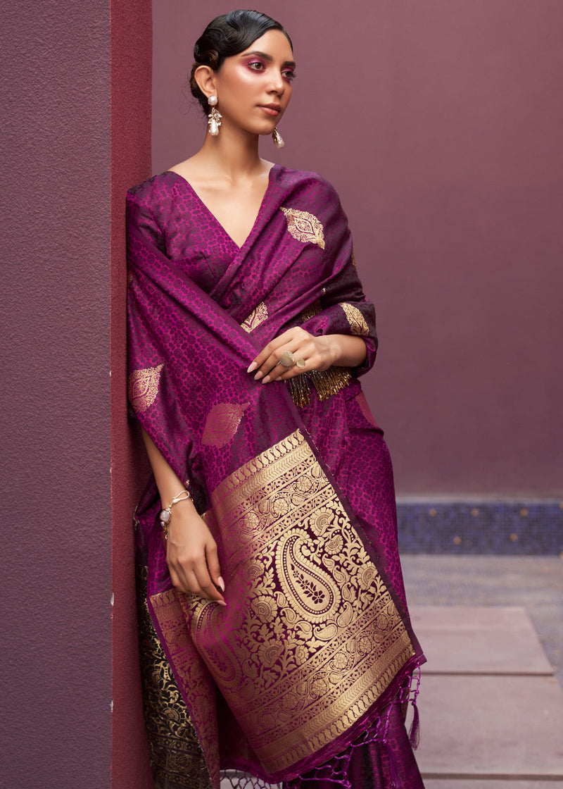 Wine Regal Woven Pure Silk Banarasi Saree