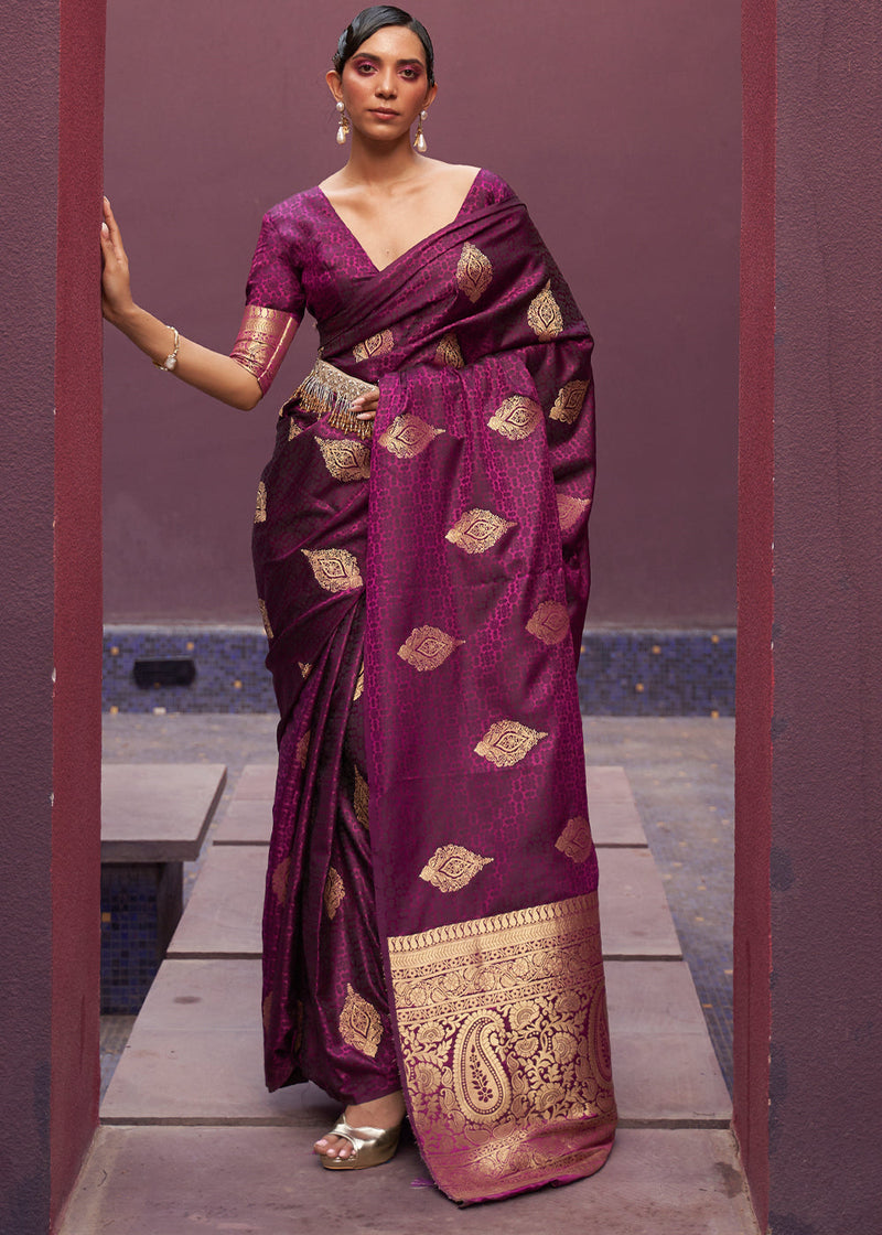 Wine Regal Woven Pure Silk Banarasi Saree