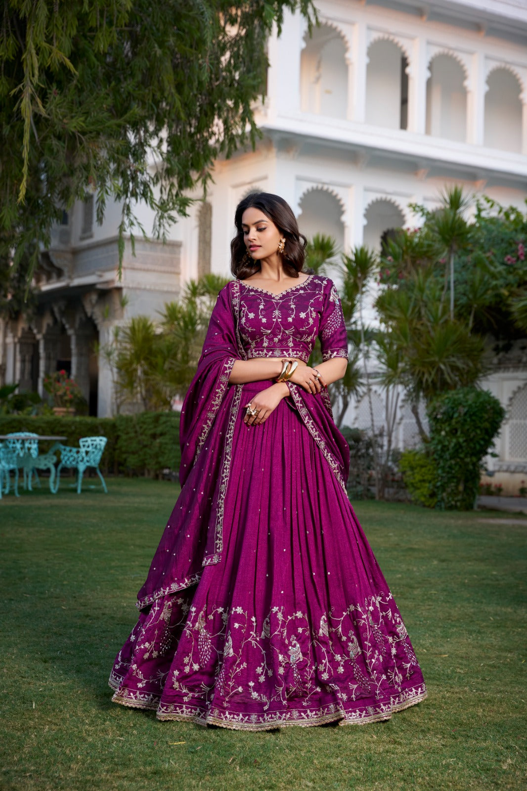 Wine Sequin Embroidered Vichitra Silk Lehenga Choli Set