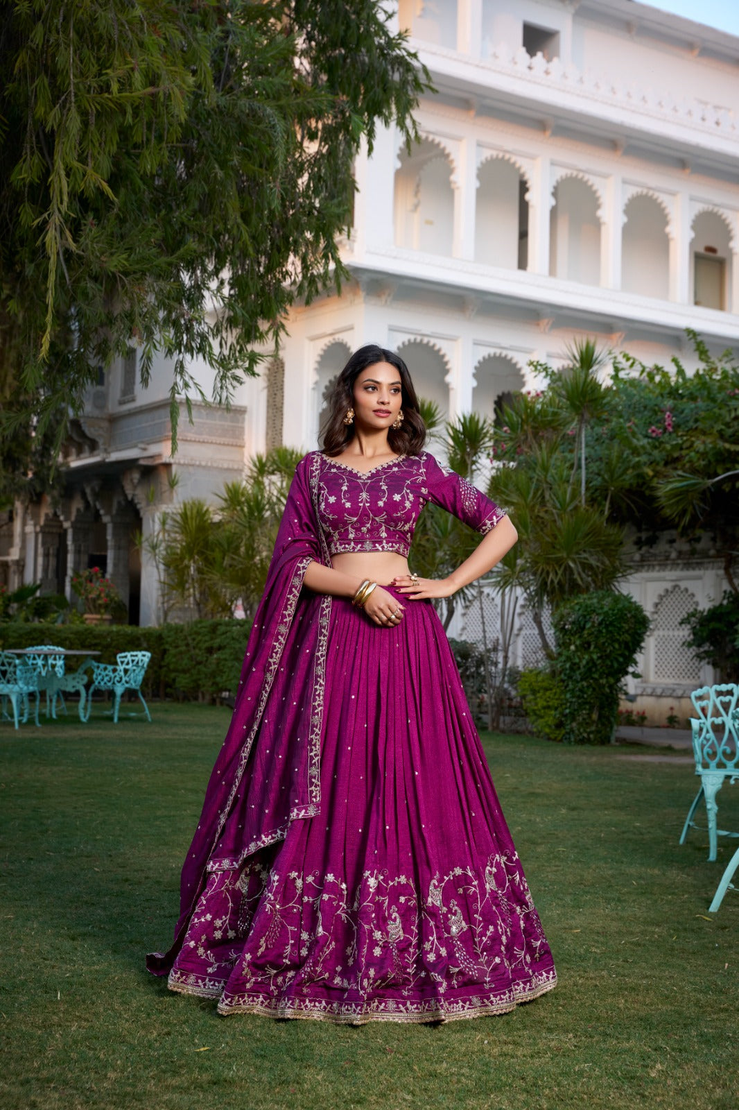 Wine Sequin Embroidered Vichitra Silk Lehenga Choli Set