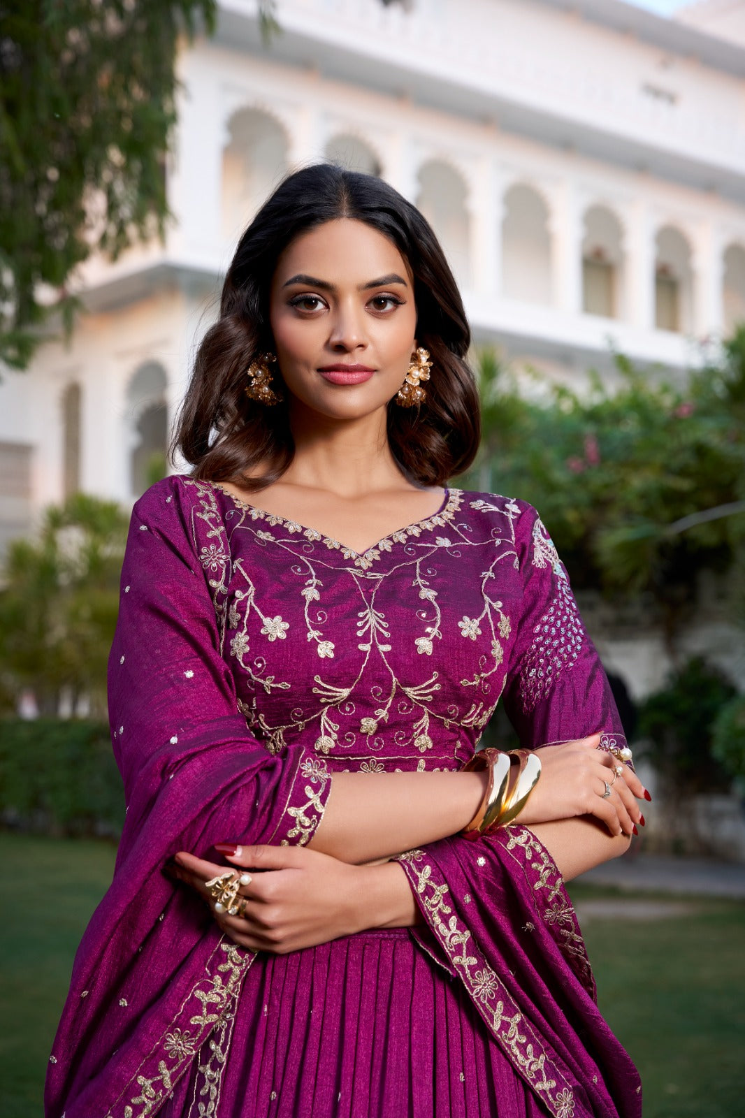 Wine Sequin Embroidered Vichitra Silk Lehenga Choli Set