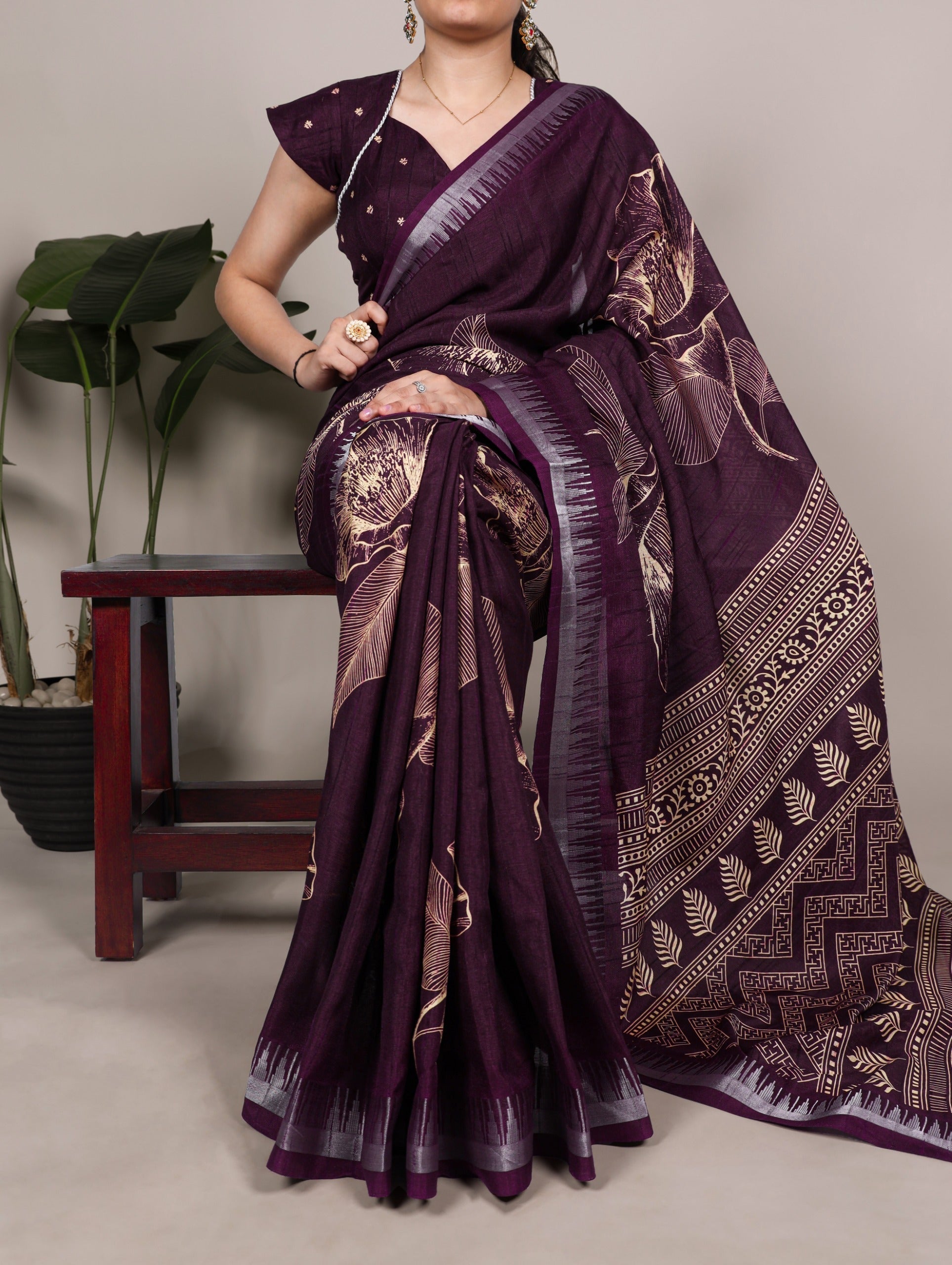 Wine Silk Floral Printed Saree