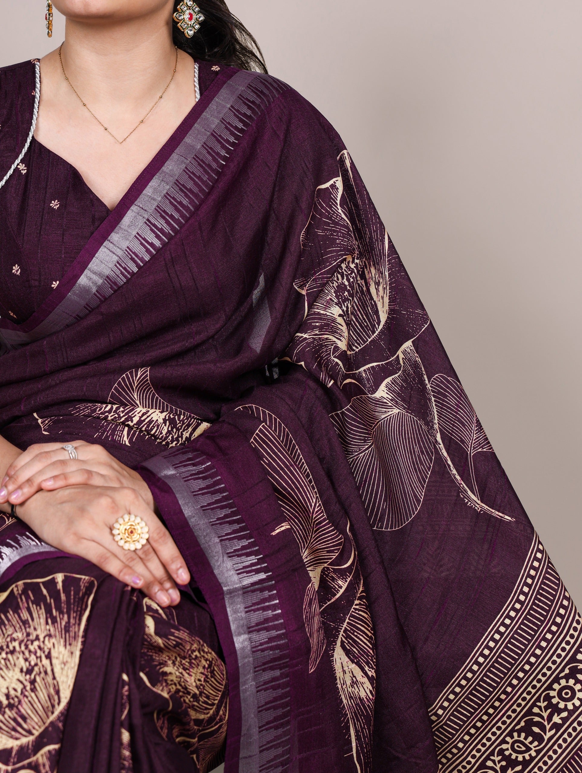 Wine Silk Floral Printed Saree