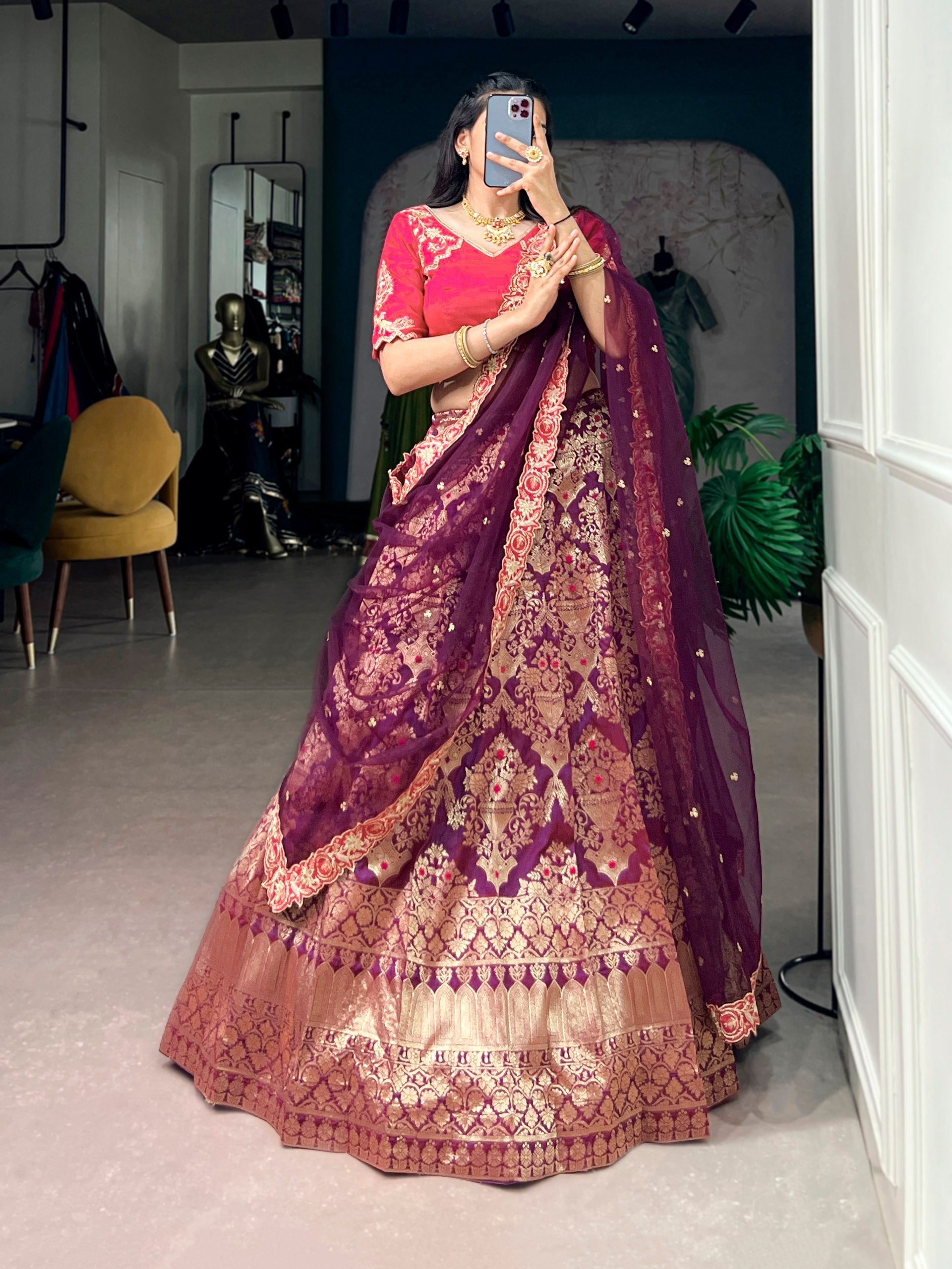 Wine Silk Lehenga Choli with Zari Work