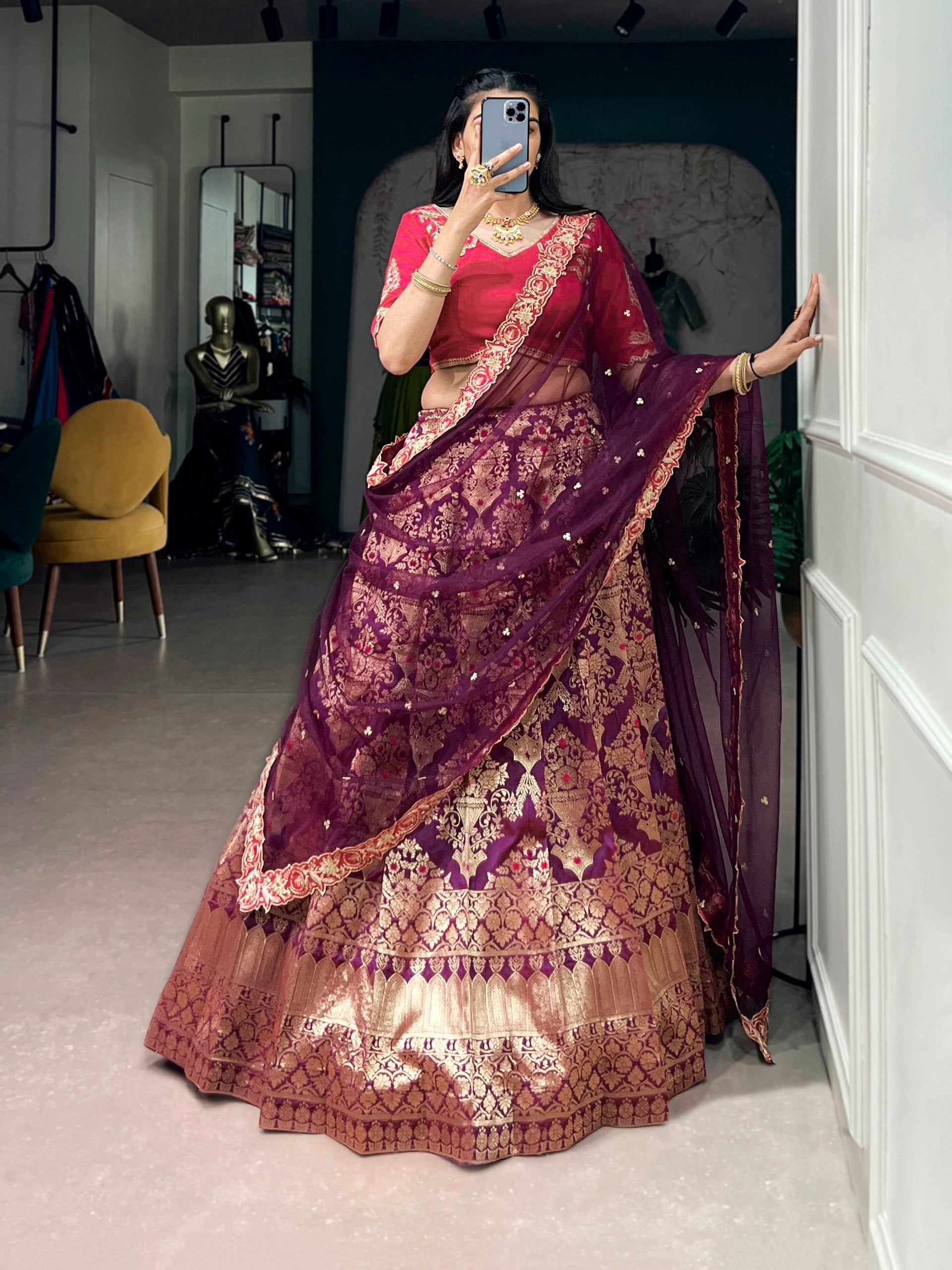 Wine Silk Lehenga Choli with Zari Work