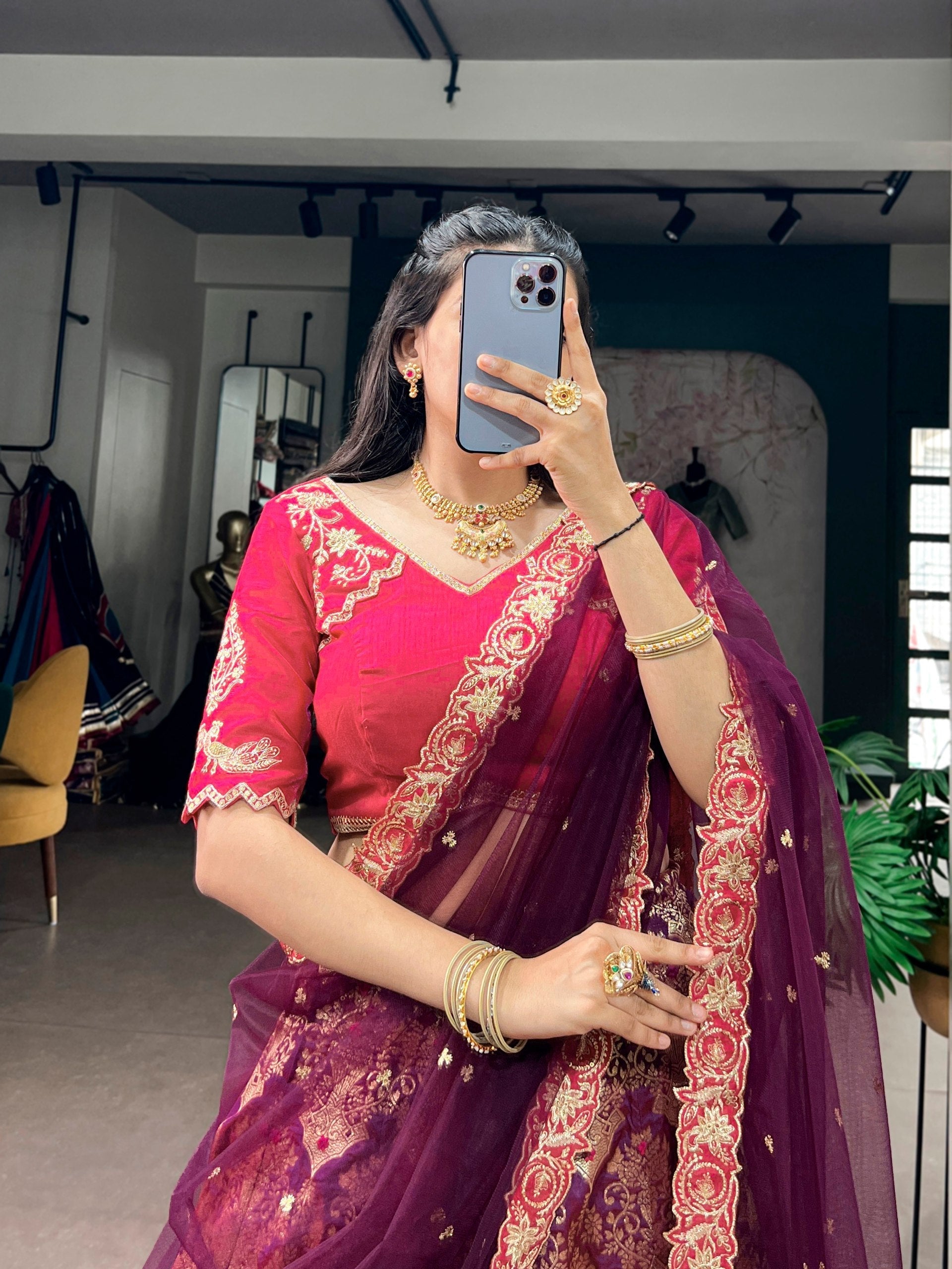 Wine Silk Lehenga Choli with Zari Work