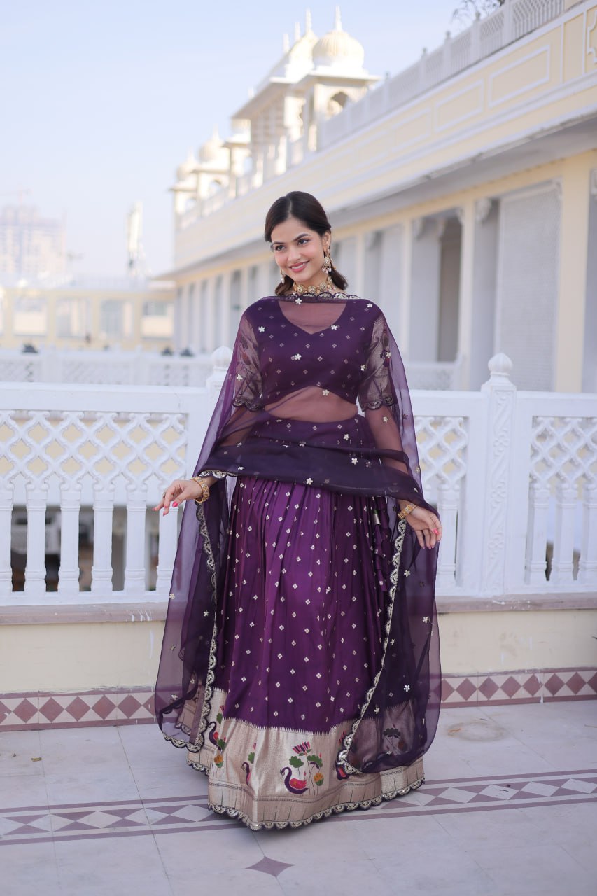 Wine Silk Meena Weaving Lehenga
