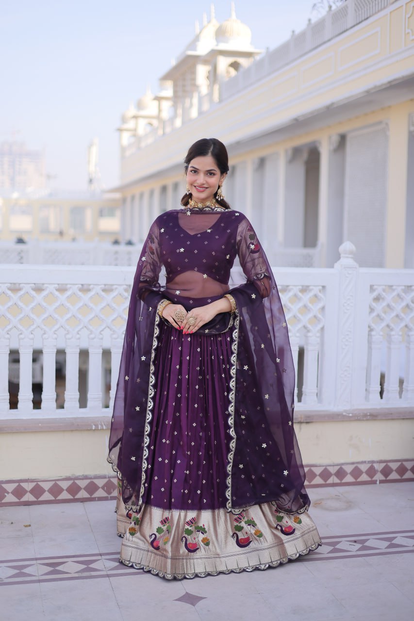 Wine Silk Meena Weaving Lehenga