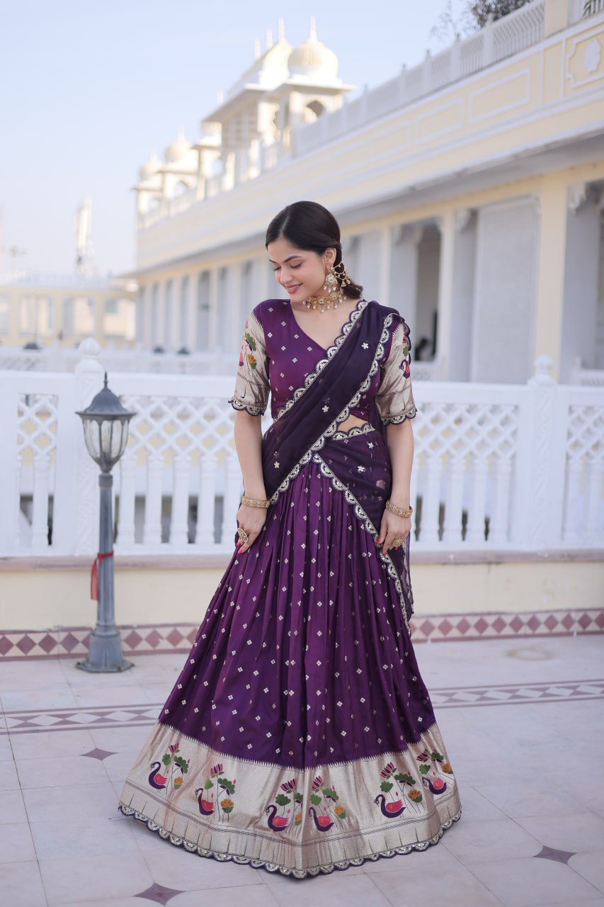 Wine Silk Meena Weaving Lehenga