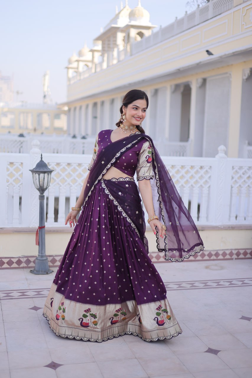 Wine Silk Meena Weaving Lehenga