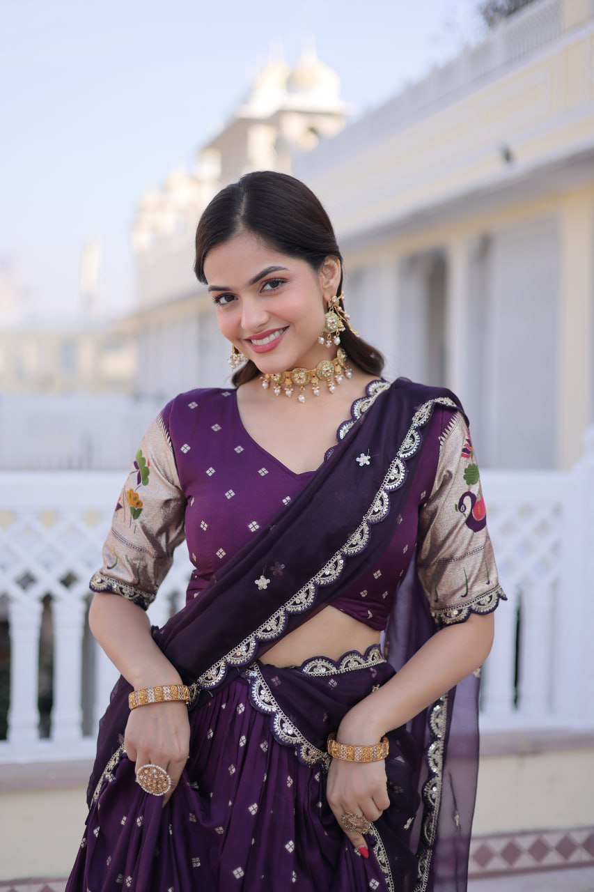 Wine Silk Meena Weaving Lehenga