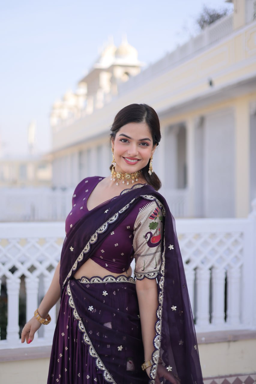 Wine Silk Meena Weaving Lehenga
