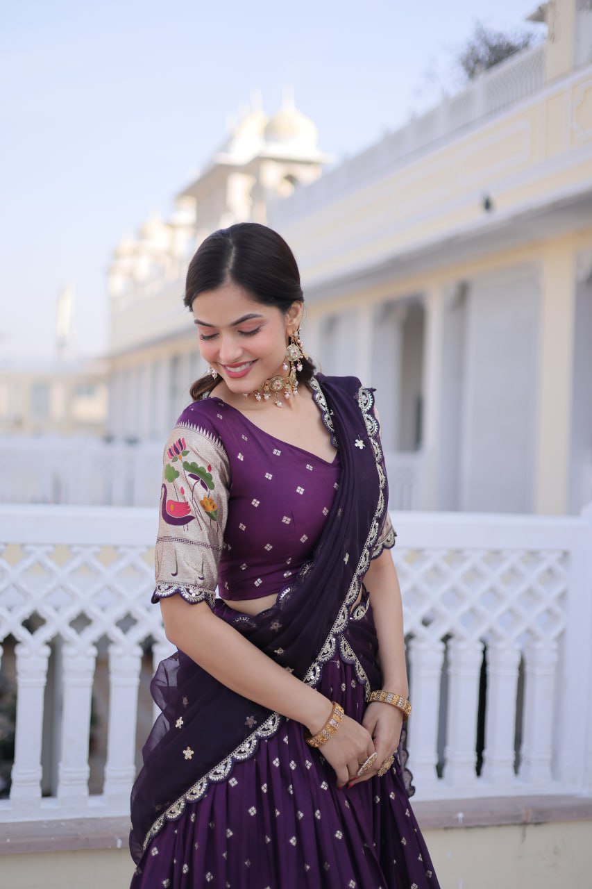 Wine Silk Meena Weaving Lehenga
