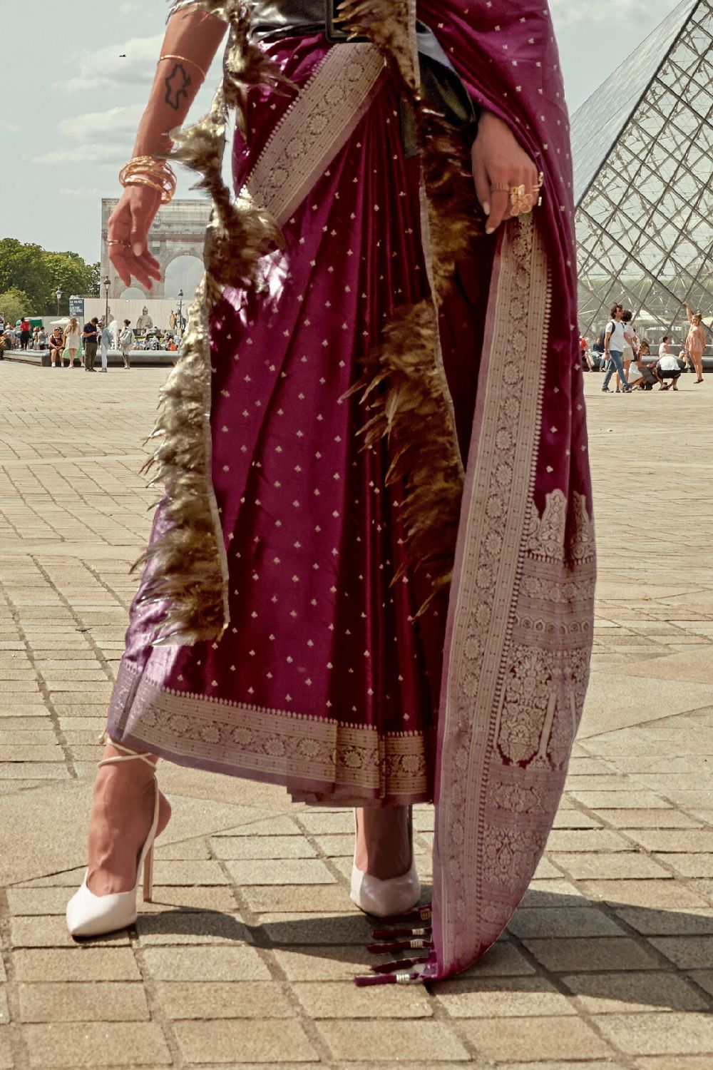 Wine Traditional Woven Satin Silk Blend Saree with Blouse Piece – Festive & Partywear