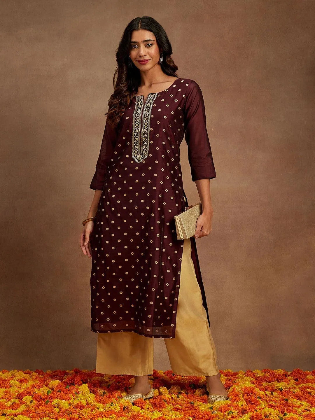 Anouk Wine Woven Design Chanderi Silk Straight Kurta