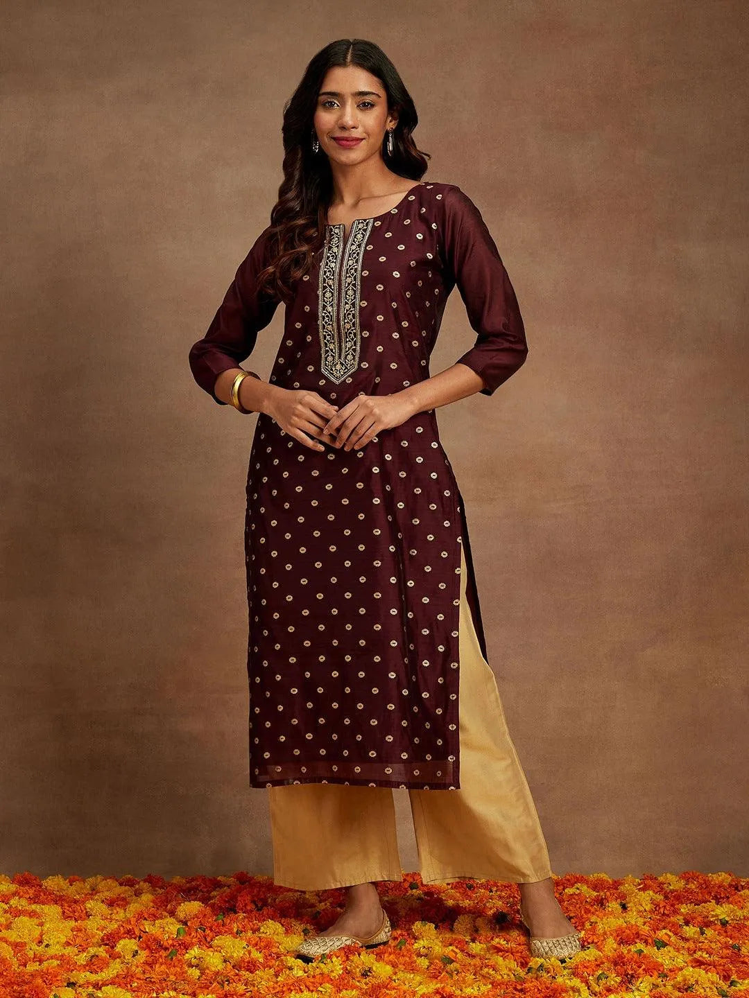 Anouk Wine Woven Design Chanderi Silk Straight Kurta
