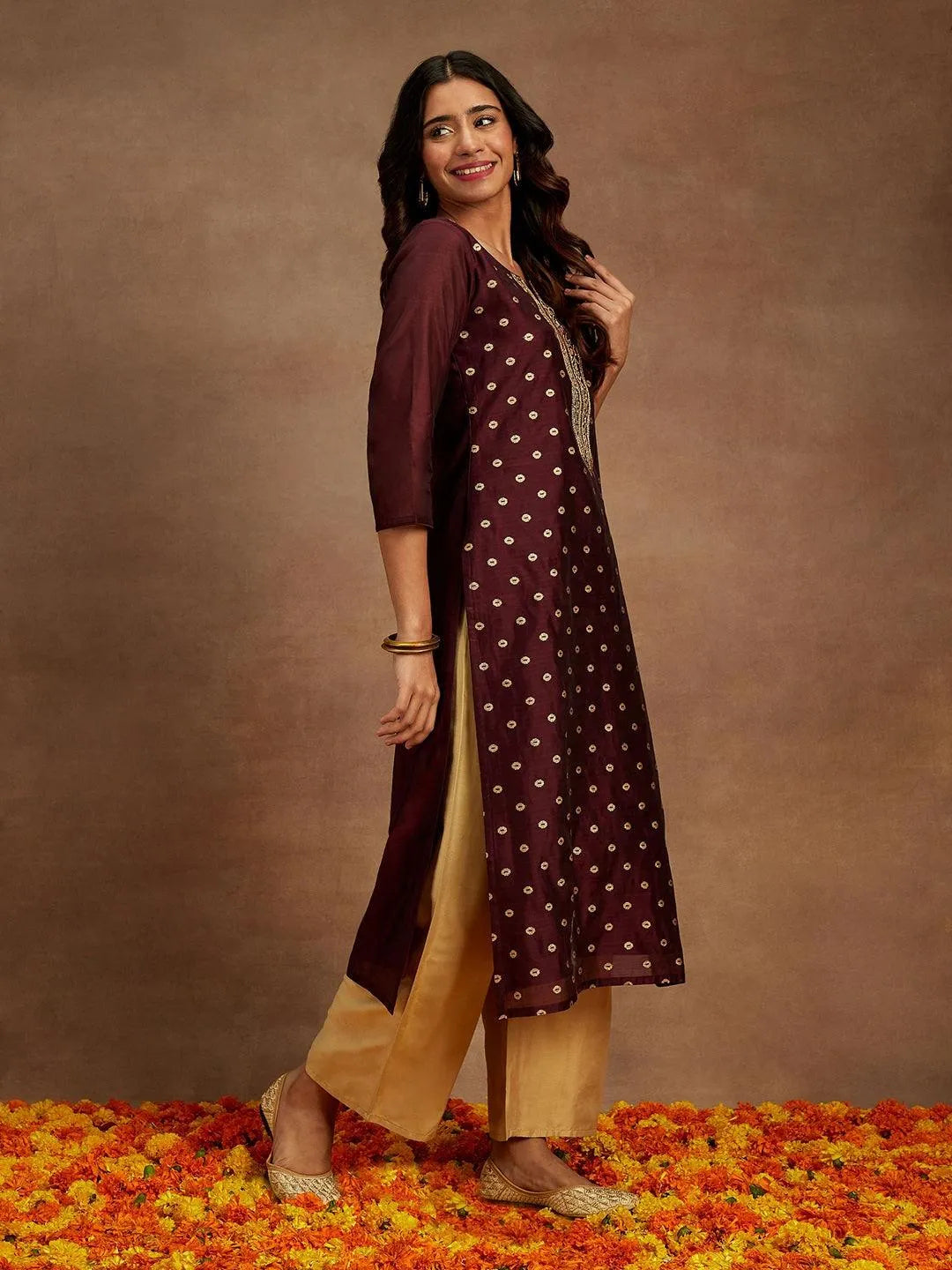 Anouk Wine Woven Design Chanderi Silk Straight Kurta