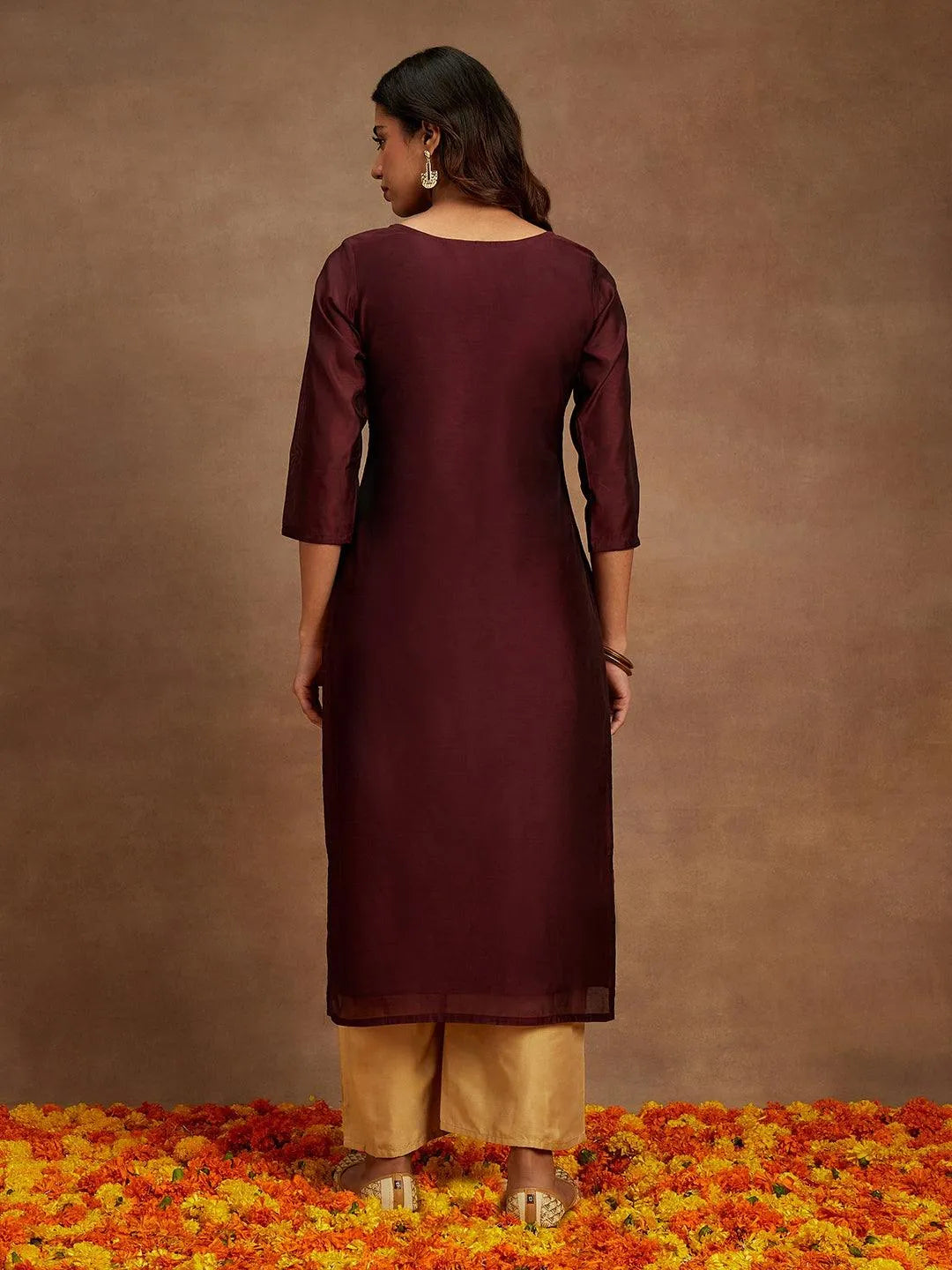 Anouk Wine Woven Design Chanderi Silk Straight Kurta